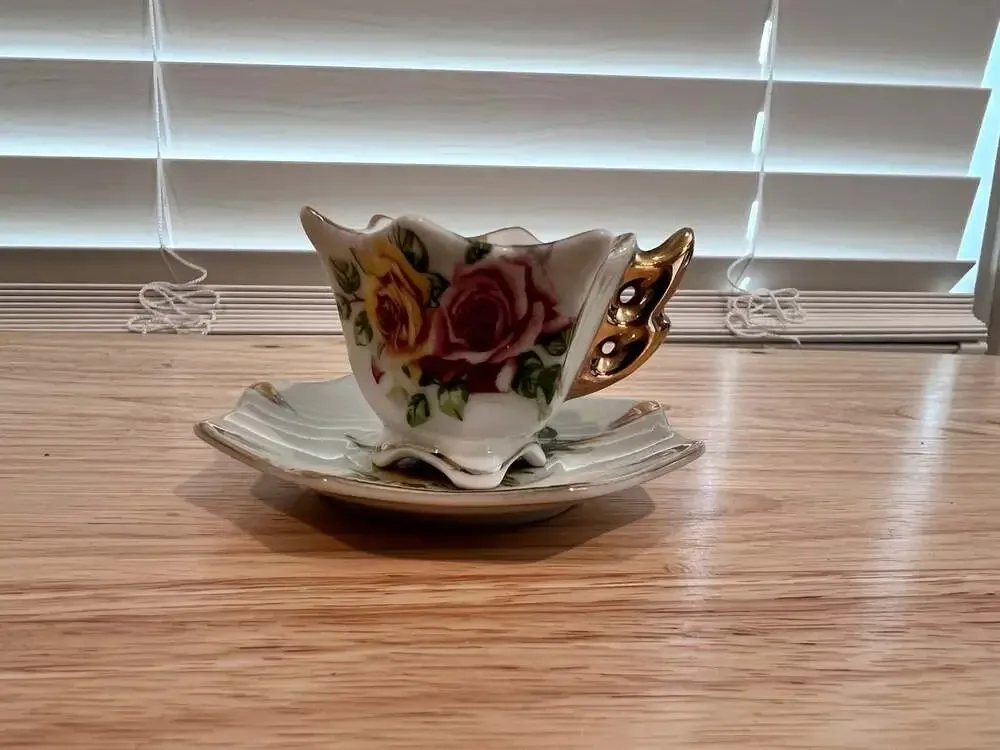 Vintage Enesco Miniature Floral Tea Cup and Saucer with Gold Trim